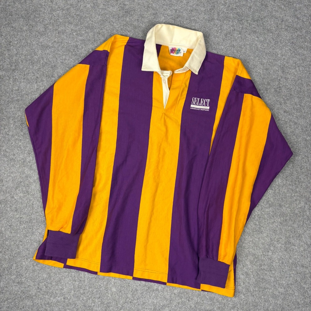 Vintage Apparel Unlimited Mens XL Rugby Shirt Purple Gold Striped Long Sleeve